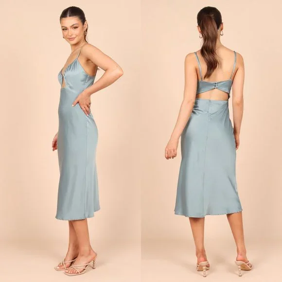 Petal & Pup NEW Cut Out Blue Satin Formal Midi Dress Size XL - Picture 3 of 11